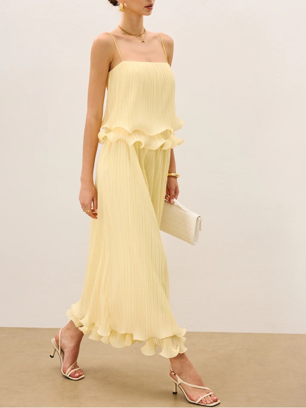 Commense Pleated Yellow Ruffled Cami Top & Stretch Waist Skirt SET NWT